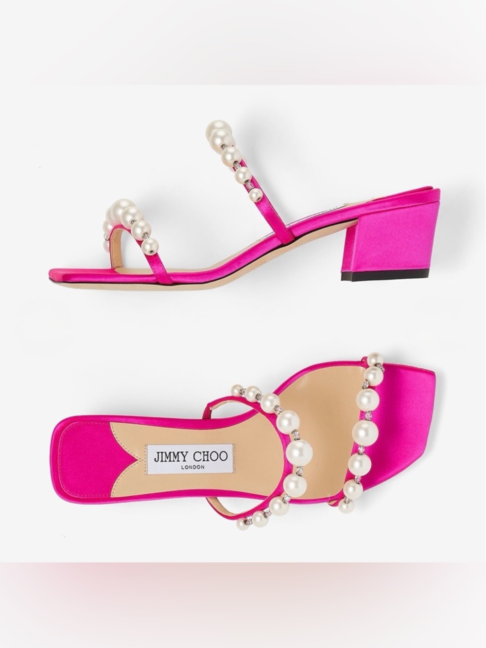 Jimmy Choo Amara 45 Satin Sandal Pink size 38 brand new never worn pearl accent